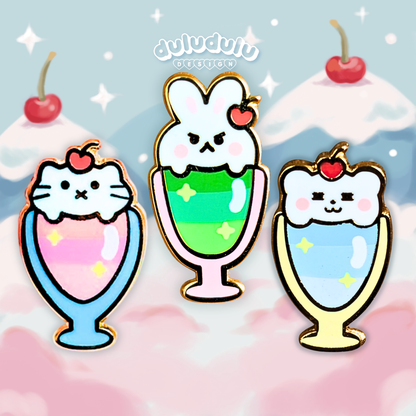Cat parfait, bunny parfait, and bear parfait mini pins side by side 