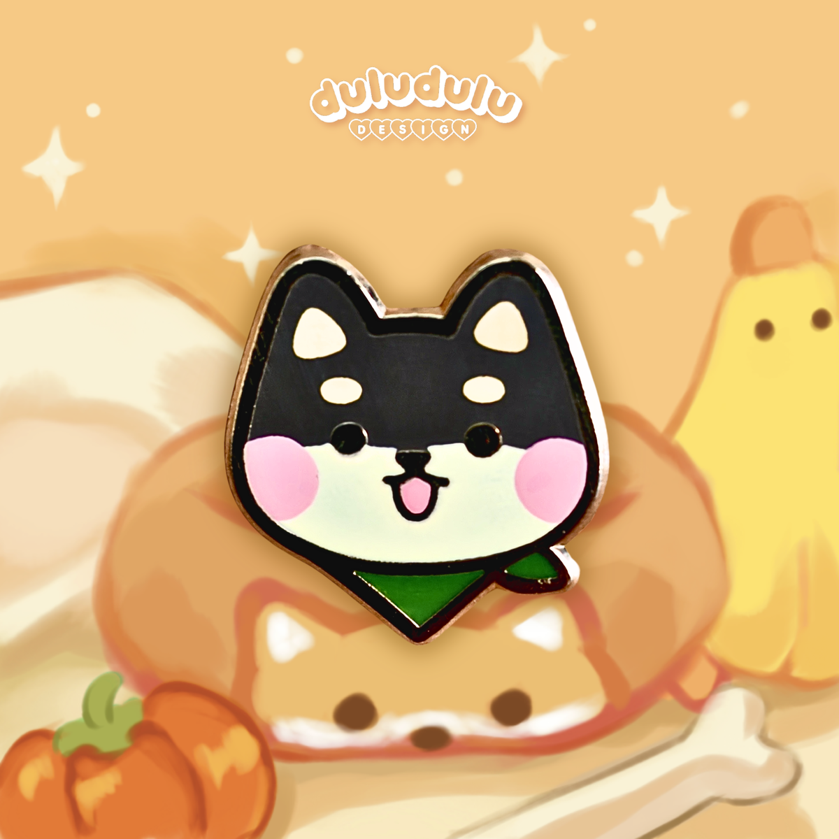 black shiba inu mini pin on an illustrated background 