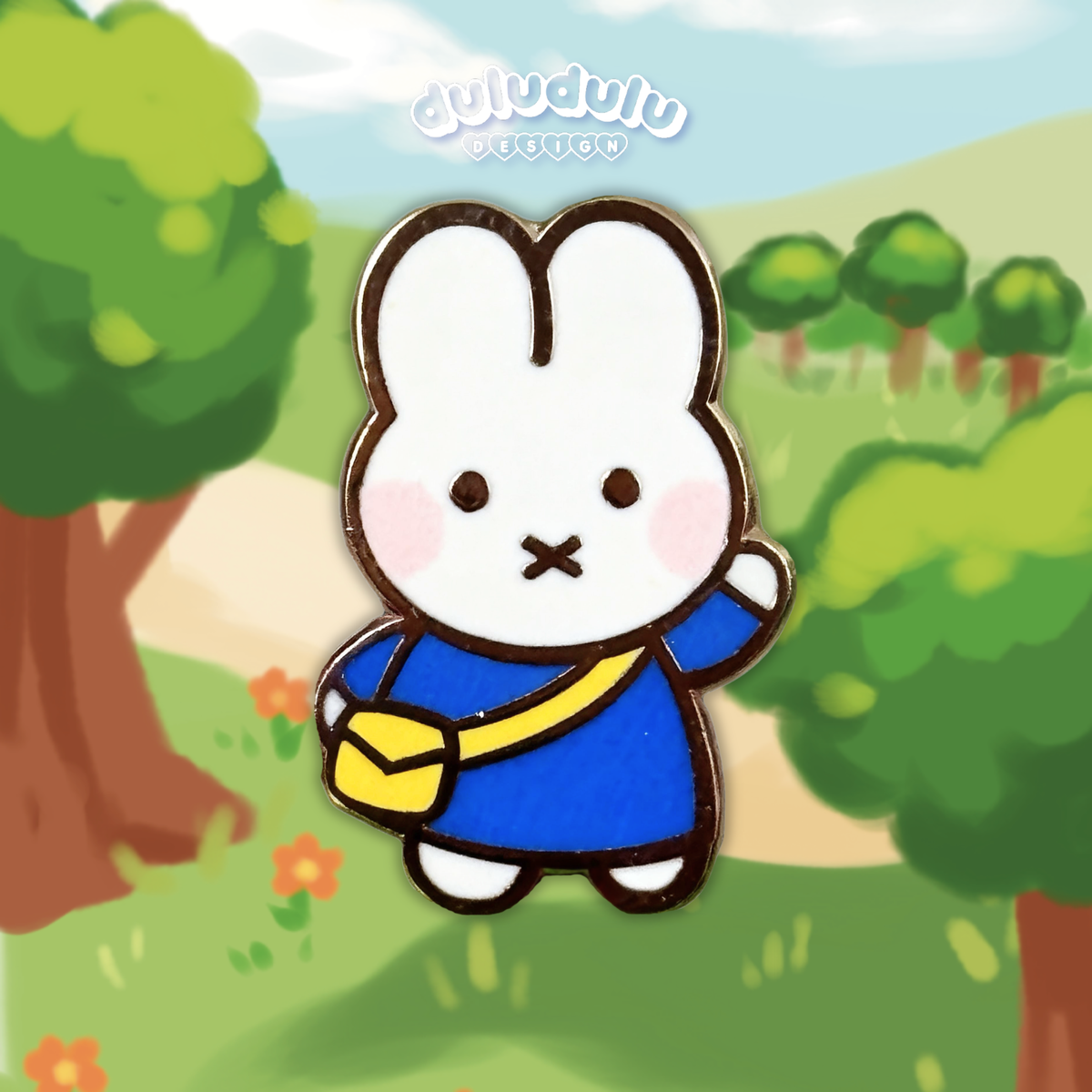 mini blue miffy pin on an illustrated cartoon background