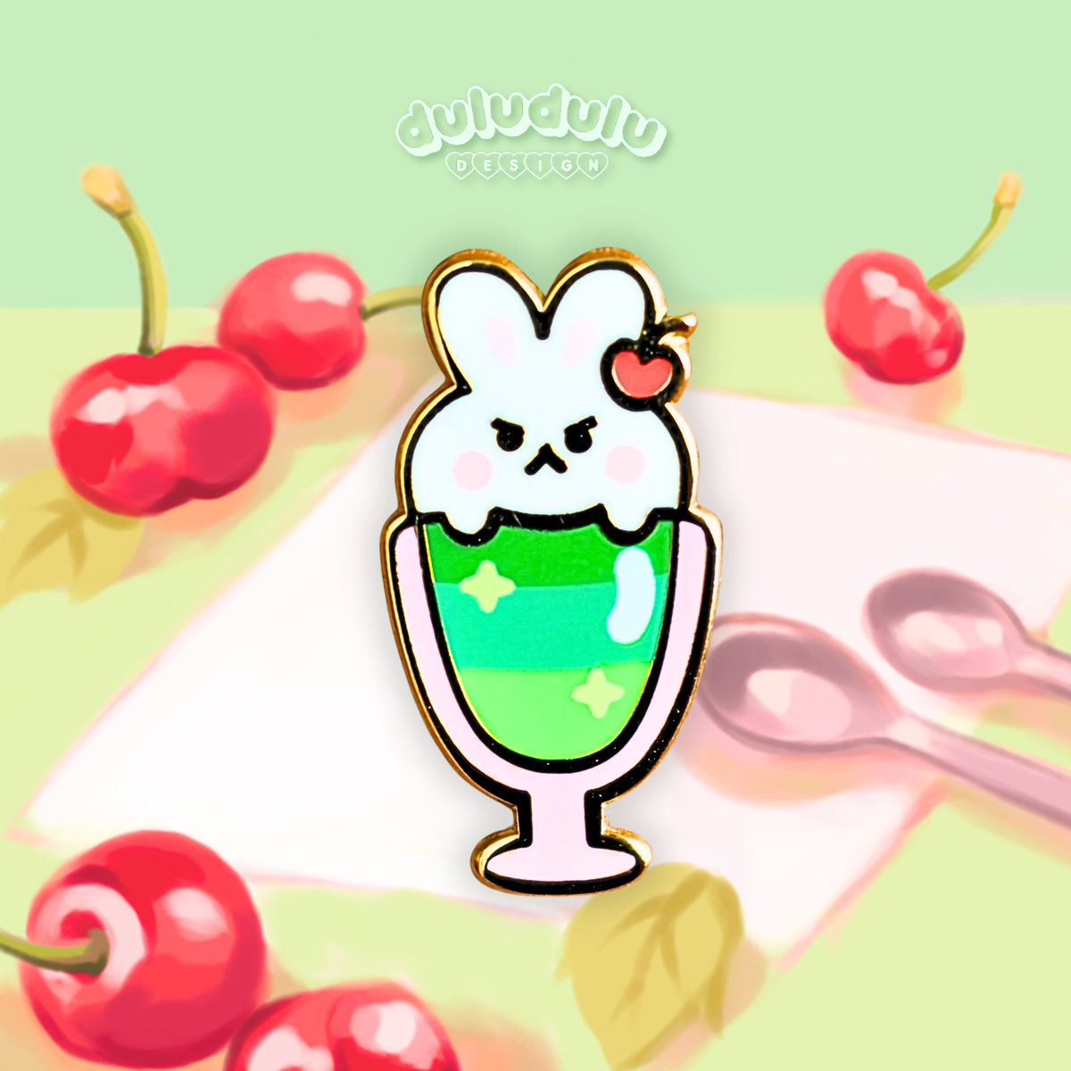 bunny with a cherry on top of a parfait in the style of cream soda, in front of an illustrated background as an enamel pin