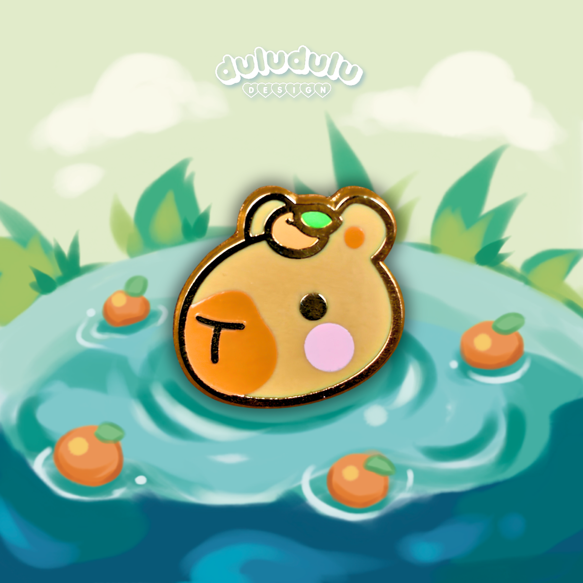 a cute capybara taking a bath as a mini pin