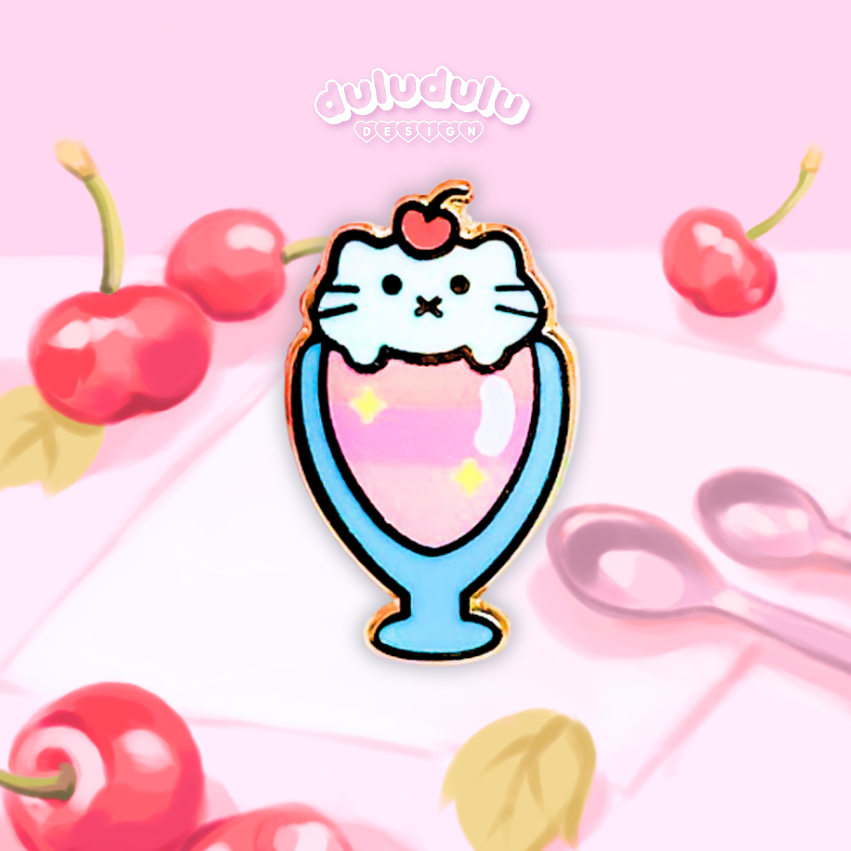 cat with a cherry in a parfait, as a mini pin on an illustrated background