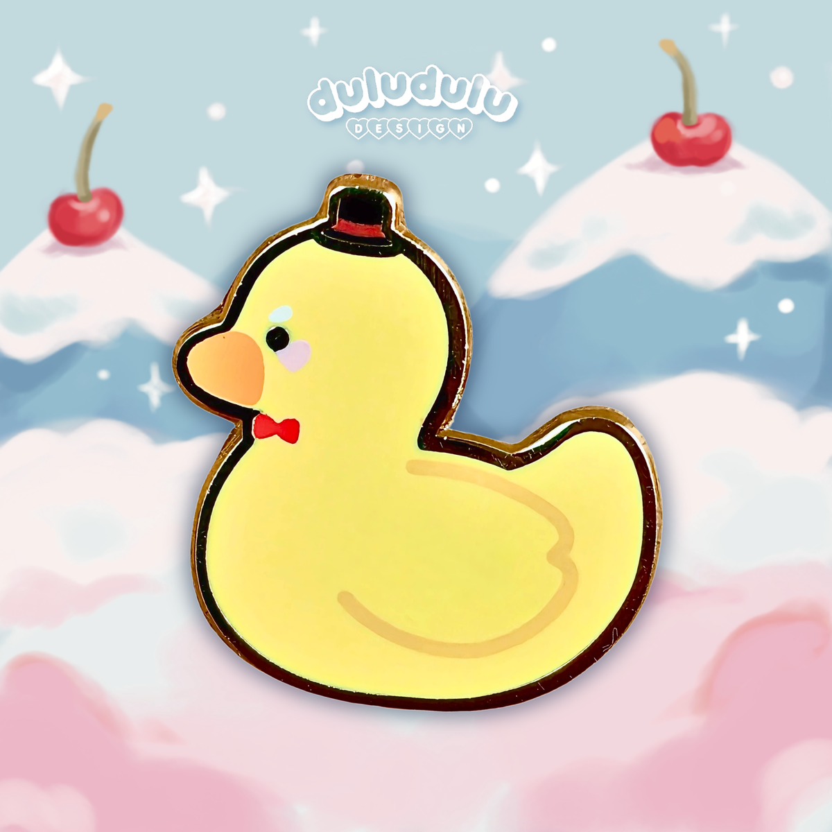 A rubber duck enamel pin on an illustrated background