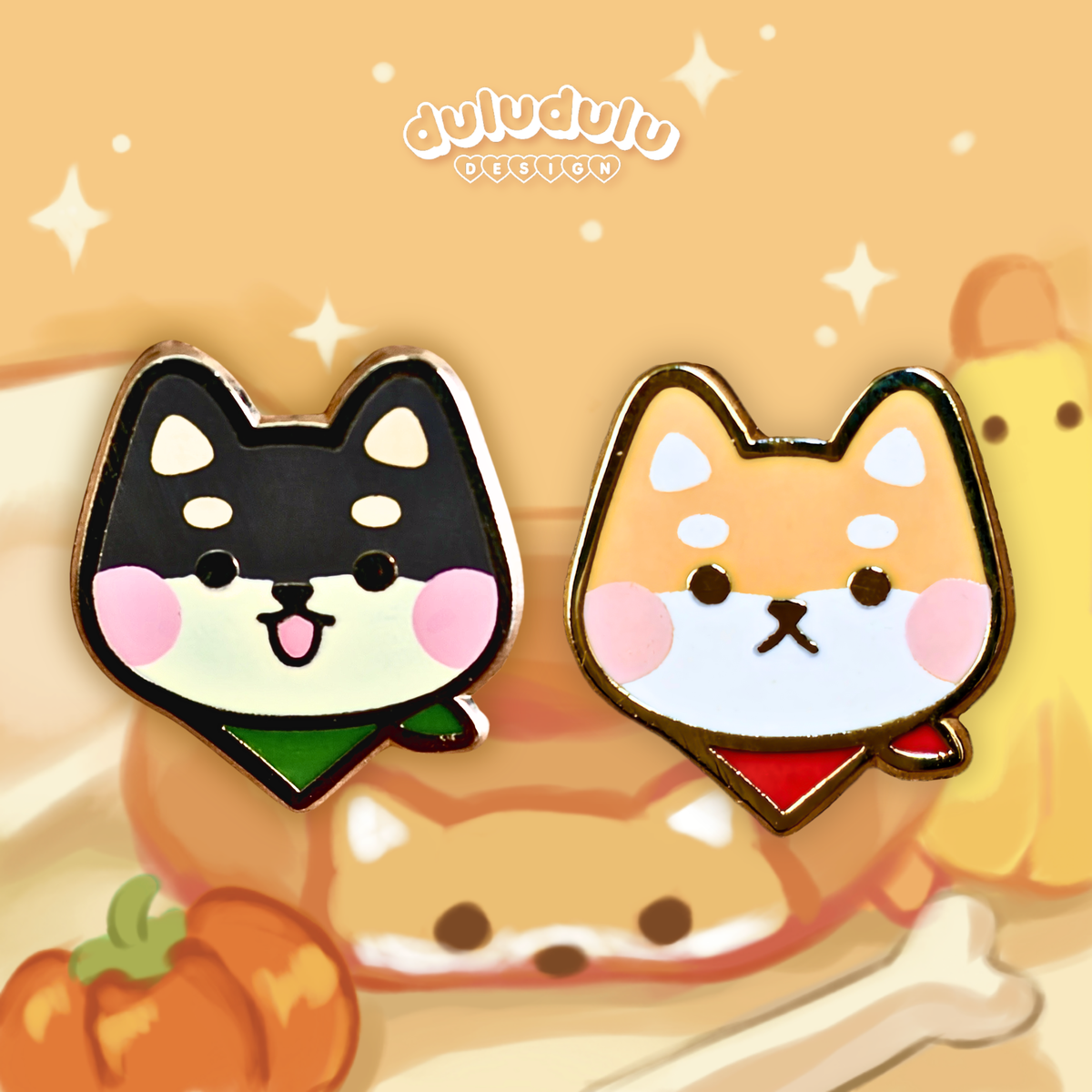 set of two shiba inu enamel pin side by side, one black shiba inu one yellow shiba inu