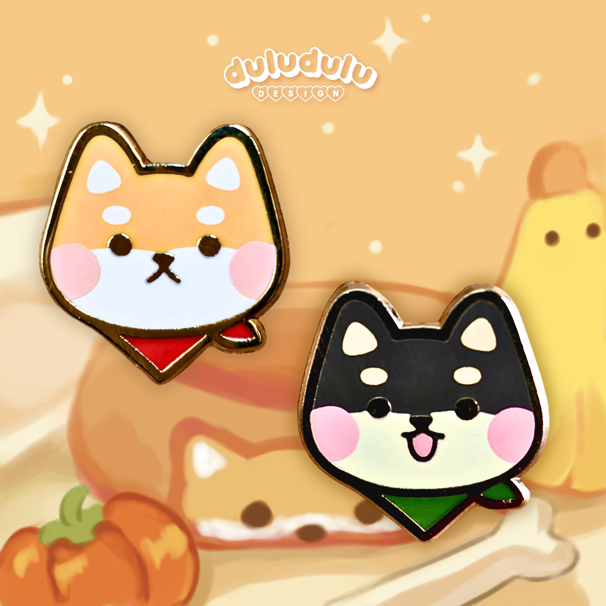 a cute set of shiba inu mini hard enamel pin, one in yellow one in black
