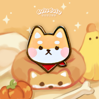 yellow shiba inu mini pin on an illustrated background 